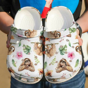 Sloth Hibiscus Tropical 102 Gift For Lover Rubber Clog Shoes Comfy Footwear - Monsterry