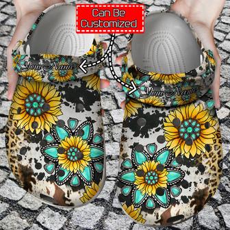 Sunflower Print - Personalized Cowhide Gemstone Sunflower Clog Shoes For Men And Women - Monsterry