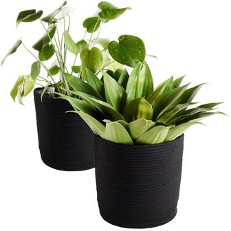 Set of 2 Black Decorative Jute Planter with Plastic Liner Woven Basket for Plants Floor Plants Storage | Rusticozy