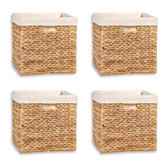 Set of 4 12" Foldable Hyacinth Storage Basket with Iron Wire Frame and Removable Liner | Rusticozy DE