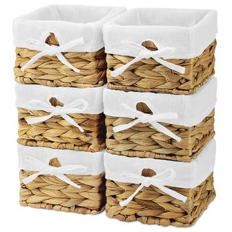 Set of 6 Small Natural Woven Water Hyacinth Wicker Storage Nest Baskets with Liner for Kids Baby Nursery Room Decor | Rusticozy UK