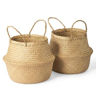 Set of 2 Medium Sedge Wicker Planters Belly Basket Plant Basket with Plastic Liner and Handles | Rusticozy UK