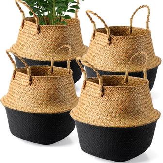 Set of 4 Large Sedge Wicker Planters Belly Basket Plant Basket with Handles | Rusticozy UK