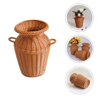 Tall Light Brown Vases Rattan Decorative Storage Basket Woven Pot With Handle | Rusticozy DE
