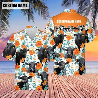 Black Angus Hibiscus Floral Custom Name Hawaiian Shirt, Farm Hawaiian Shirt, Farmer Hawaii | Newhawaiianshirts AU