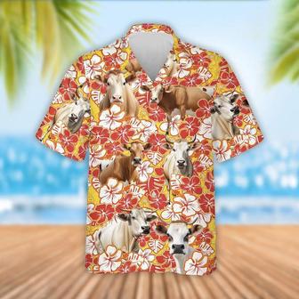 Brahman Cattle Orange Flower Pattern Hawaiian Shirt, Farm Hawaiian Shirt, Farmer Hawaii | Newhawaiianshirts AU