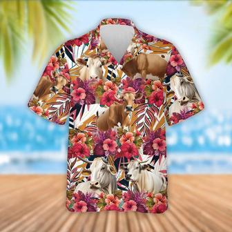 Brahman Cattle Red Hibicus Flowers Hawaiian Shirt, Farm Hawaiian Shirt, Farmer Hawaii | Newhawaiianshirts UK