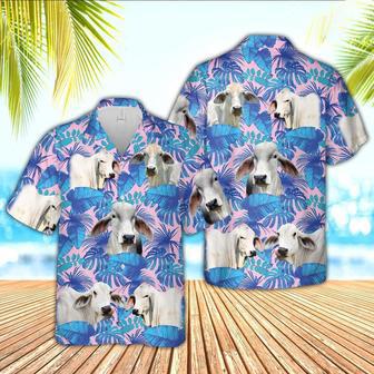 Brahman Cattle Tropical Blue Palm Leaves Hawaiian Shirt, Farm Hawaiian Shirt, Farmer Hawaii | Newhawaiianshirts CA