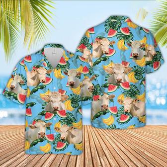 Charolais Cattle Blue Tropical Fruits Pattern Hawaiian Shirt, Farm Hawaiian Shirt, Farmer Hawaii | Newhawaiianshirts UK