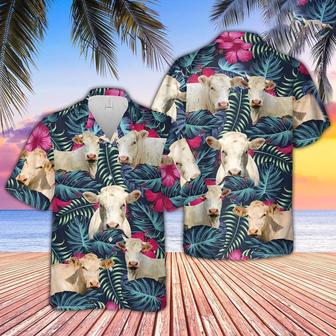 Charolais Cattle Floral Tropical Leaves Pattern Hawaiian Shirt, Farm Hawaiian Shirt, Farmer Hawaii | Newhawaiianshirts