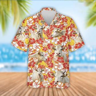 Charolais Cattle Orange Flower Pattern Hawaiian Shirt, Farm Hawaiian Shirt, Farmer Hawaii | Newhawaiianshirts AU