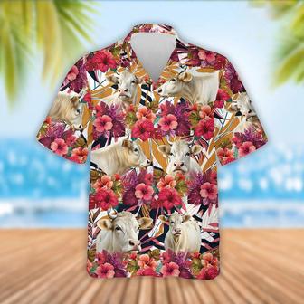 Charolais Cattle Red Hibicus Flowers Hawaiian Shirt, Farm Hawaiian Shirt, Farmer Hawaii | Newhawaiianshirts DE