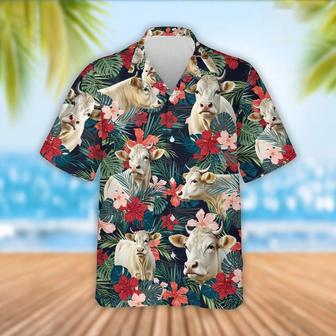 Charolais Cattle Red Tropical Flowers Hawaiian Shirt, Farm Hawaiian Shirt, Farmer Hawaii | Newhawaiianshirts UK