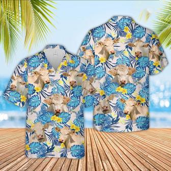 Charolais Cattle Tropical Blue Palm Leaves Hawaiian Shirt, Farm Hawaiian Shirt, Farmer Hawaii | Newhawaiianshirts