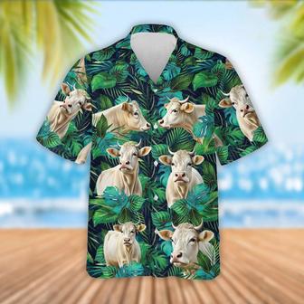 Charolais Cattle Tropical Leaves Hawaiian Shirt, Farm Hawaiian Shirt, Farmer Hawaii | Newhawaiianshirts