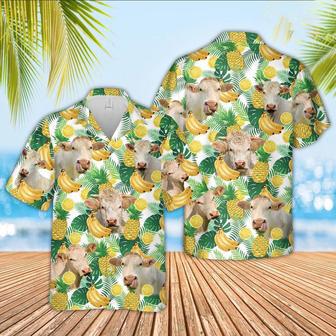 Charolais Cattle White Tropical Fruits Pattern Hawaiian Shirt, Farm Hawaiian Shirt, Farmer Hawaii | Newhawaiianshirts