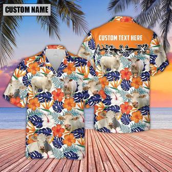 Charolais No Horn Hibiscus Blue Floral Custom Name Hawaiian Shirt, Farm Hawaiian Shirt, Farmer Hawaii | Newhawaiianshirts AU