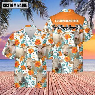 Charolais No Horn Hibiscus Floral Custom Name Hawaiian Shirt, Farm Hawaiian Shirt, Farmer Hawaii | Newhawaiianshirts AU