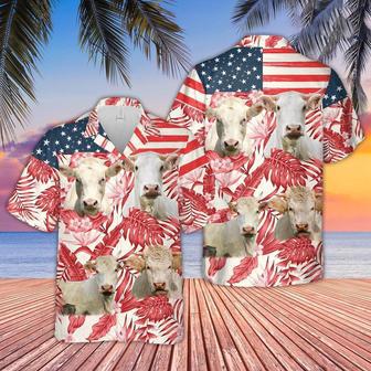 Charolais Red Floral US Flag Hawaiian Shirt, Farm Hawaiian Shirt, Farmer Hawaii | Newhawaiianshirts AU