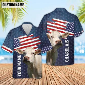 Custom Name Charolais Cattle US Flag Pattern Hawaiian Shirt, Farm Hawaiian Shirt, Farmer Hawaii | Newhawaiianshirts CA