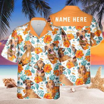 Custom Name Dachshund Dog Hibiscus Flowers All Printed Hawaiian Shirt, Farm Hawaiian Shirt, Farmer Hawaii | Newhawaiianshirts CA