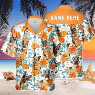 Custom Name German Shepherd Dog Hibiscus Flowers All Printed Hawaiian Shirt, Farm Hawaiian Shirt, Farmer Hawaii | Newhawaiianshirts CA