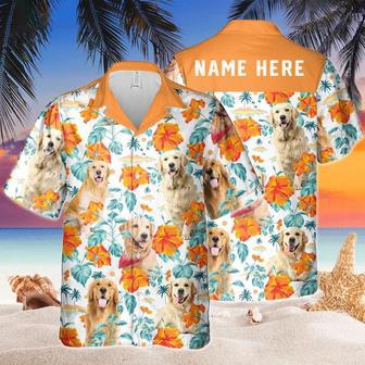 Custom Name Golden Retriever Dog Hibiscus Flowers All Printed Hawaiian Shirt, Farm Hawaiian Shirt, Farmer Hawaii | Newhawaiianshirts CA