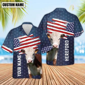 Custom Name Hereford US Flag Pattern Hawaiian Shirt, Farm Hawaiian Shirt, Farmer Hawaii | Newhawaiianshirts AU