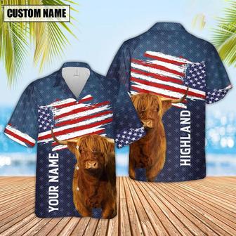 Custom Name Highland Cattle US Flag Pattern Hawaiian Shirt, Farm Hawaiian Shirt, Farmer Hawaii | Newhawaiianshirts CA