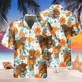 Custom Name Highland Cow Hibiscus Flowers All Printed Hawaiian Shirt, Farm Hawaiian Shirt, Farmer Hawaii | Newhawaiianshirts UK