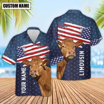 Custom Name Limousin Cattle US Flag Pattern Hawaiian Shirt, Farm Hawaiian Shirt, Farmer Hawaii | Newhawaiianshirts AU