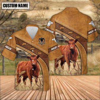 Custom Name Red Angus Leather Pattern Hawaiian Shirt, Farm Hawaiian Shirt, Farmer Hawaii | Newhawaiianshirts AU