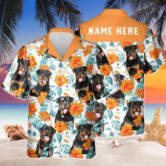 Custom Name Rottweiler Dog Hibiscus Flowers All Printed Hawaiian Shirt, Farm Hawaiian Shirt, Farmer Hawaii | Newhawaiianshirts