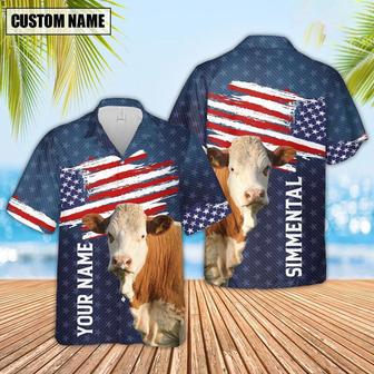 Custom Name Simmental US Flag Pattern Hawaiian Shirt, Farm Hawaiian Shirt, Farmer Hawaii | Newhawaiianshirts AU