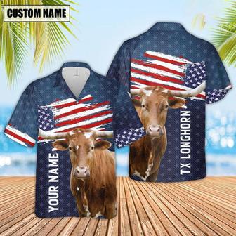 Custom Name Texas Longhorn US Flag Pattern Hawaiian Shirt, Farm Hawaiian Shirt, Farmer Hawaii | Newhawaiianshirts AU