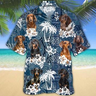 Dachshund 1 Hawaiian Tropical Plants Pattern Blue And White All Over Printed Hawaiian Shirt, Farm Hawaiian Shirt, Farmer Hawaii | Newhawaiianshirts AU