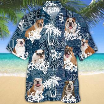 English Bulldog Hawaiian Tropical Plants Pattern Blue And White All Over Printed Hawaiian Shirt, Farm Hawaiian Shirt, Farmer Hawaii | Newhawaiianshirts AU