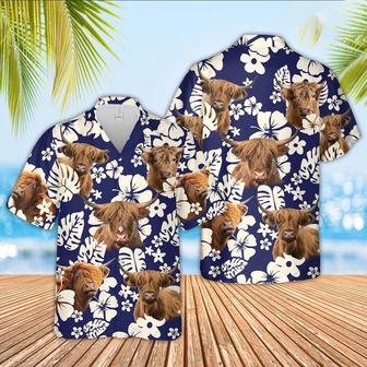 Flower Highland Cattle Blue Pattern Hawaiian Shirt, Farm Hawaiian Shirt, Farmer Hawaii | Newhawaiianshirts AU