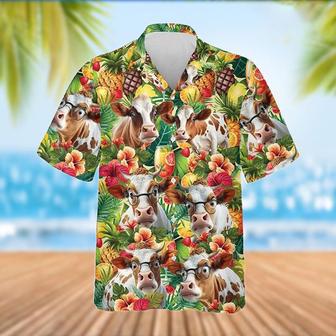 Funny Shorthorn Tropical Fruits Pattern Hawaiian Shirt, Farm Hawaiian Shirt, Farmer Hawaii | Newhawaiianshirts CA