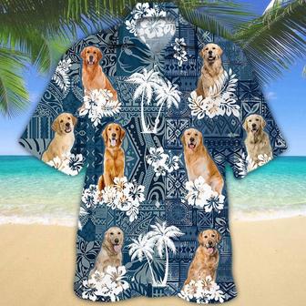 Golden Retriever Hawaiian Tropical Plants Pattern Blue And White All Over Printed Hawaiian Shirt, Farm Hawaiian Shirt, Farmer Hawaii | Newhawaiianshirts AU