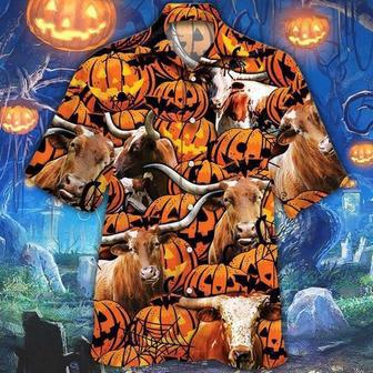 Happy Halloween TX Longhorn Pumpkin All Over Printed Hawaiian Shirt, Farm Hawaiian Shirt, Farmer Hawaii | Newhawaiianshirts