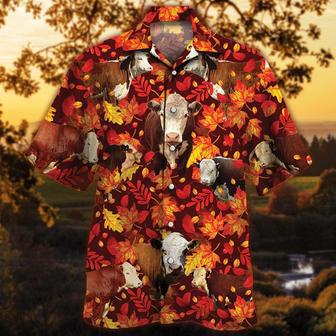 Herefold Cattle Autumn Leaves All Over Printed Hawaiian Shirt, Farm Hawaiian Shirt, Farmer Hawaii | Newhawaiianshirts UK