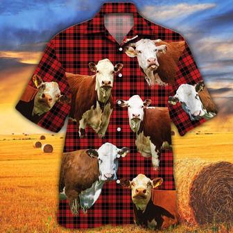 Herefold Cattle Red Tartan Pattern All Over Printed Hawaiian Shirt, Farm Hawaiian Shirt, Farmer Hawaii | Newhawaiianshirts AU