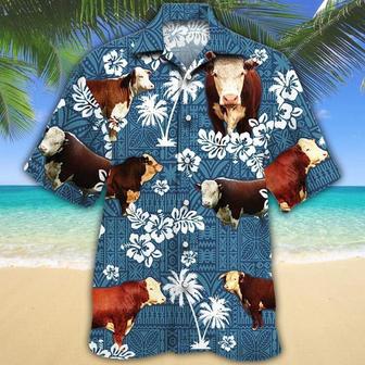 HEREFORD Cattle Blue Tribal All Over Printed Hawaiian Shirt, Farm Hawaiian Shirt, Farmer Hawaii | Newhawaiianshirts DE