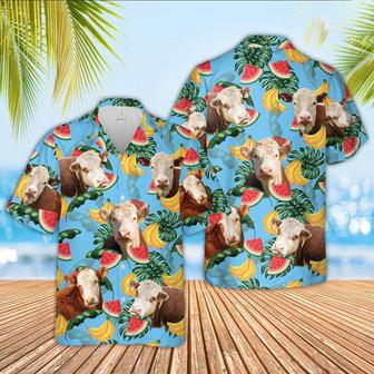 Hereford Cattle Blue Tropical Fruits Pattern Hawaiian Shirt, Farm Hawaiian Shirt, Farmer Hawaii | Newhawaiianshirts DE