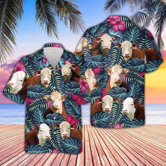 Hereford Cattle Floral Tropical Leaves Pattern Hawaiian Shirt, Farm Hawaiian Shirt, Farmer Hawaii | Newhawaiianshirts UK