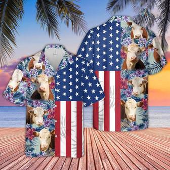 Hereford Cattle Flower Pattern US Flag Hawaiian Shirt, Farm Hawaiian Shirt, Farmer Hawaii | Newhawaiianshirts AU