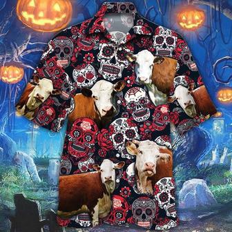 Hereford Cattle Lovers Sugar Skull Floral Hawaiian Shirt, Farm Hawaiian Shirt, Farmer Hawaii | Newhawaiianshirts AU