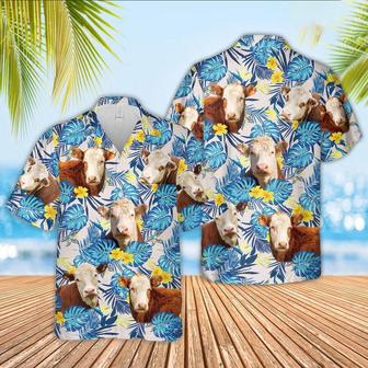 Hereford Cattle Tropical Blue Palm Leaves Hawaiian Shirt, Farm Hawaiian Shirt, Farmer Hawaii | Newhawaiianshirts DE