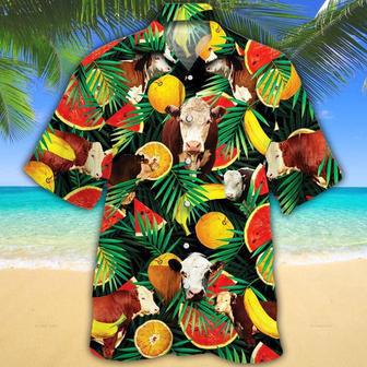 Hereford Cattle Tropical Fruits All Over Printed Hawaiian Shirt, Farm Hawaiian Shirt, Farmer Hawaii | Newhawaiianshirts